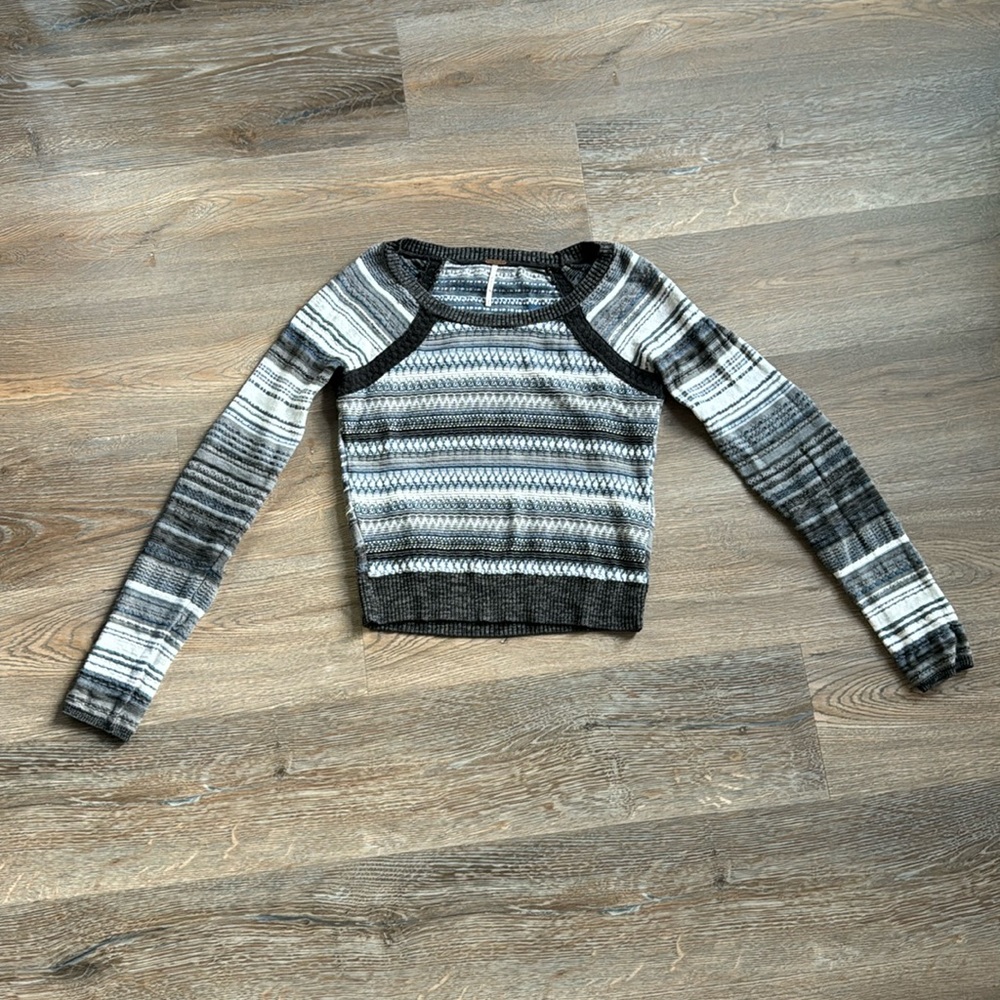 Free People fair isle nordic sweater pullover black gray white blue M